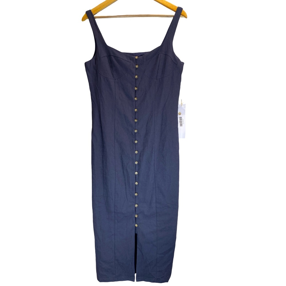Lumiere Navy Blue Button Front Bustier Midi Dress Womens Large Sleeveless Sheath